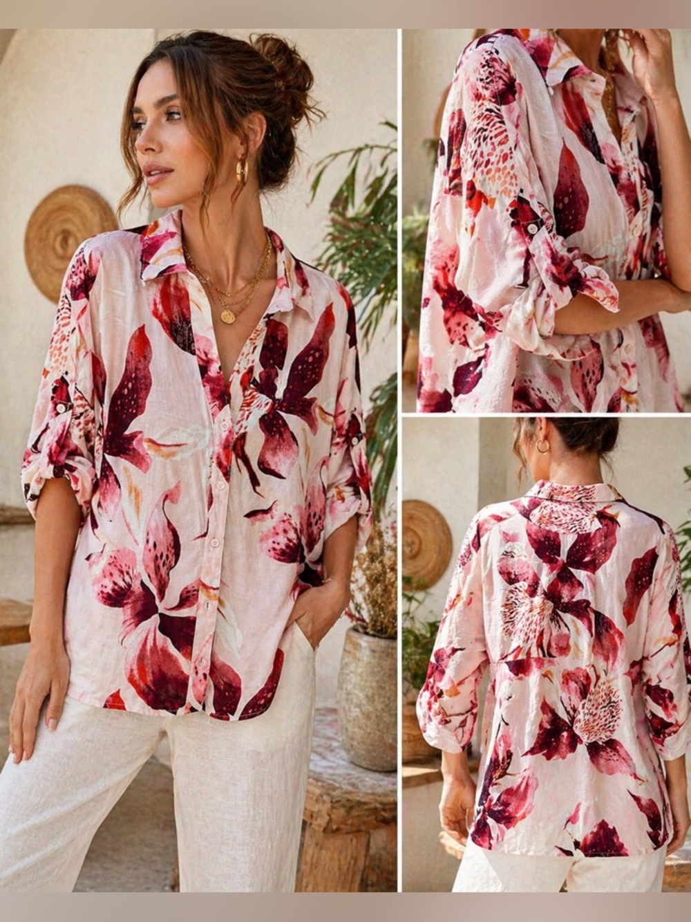 White Closet NWT Linen Blend Floral Button-Up Blouse | Boho Resort Top Size L